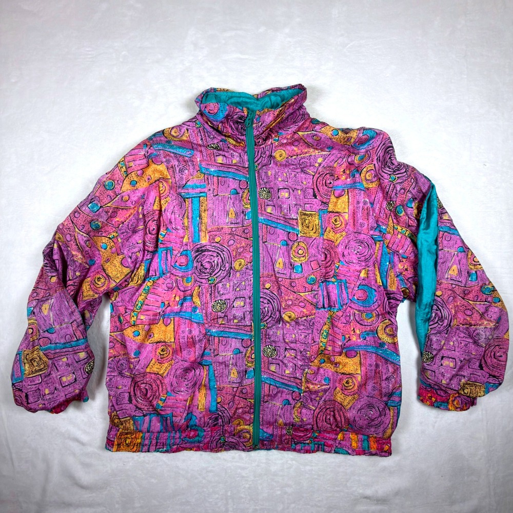 Vintage Lavon Abstract Print Windbreaker Jacket Purple Teal Large 80s 90s Retro